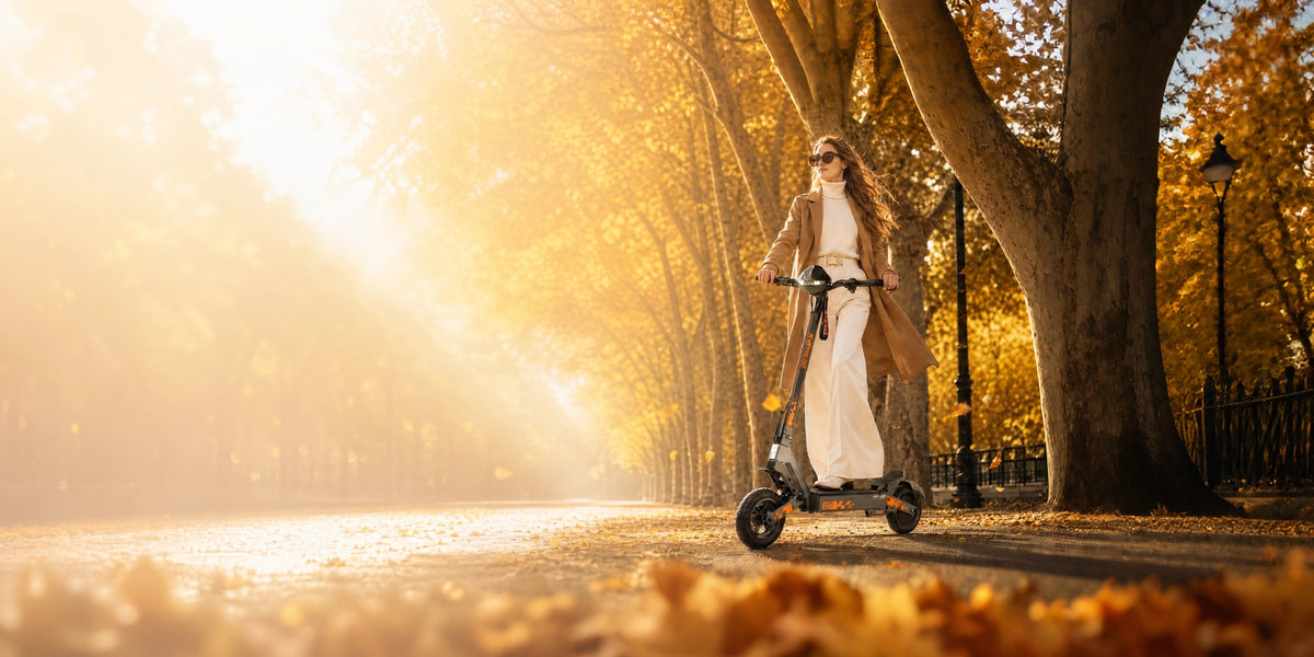 KuKirin G2 electric scooter autumn city street riding, foldable commuter e‑scooter golden fall leaves