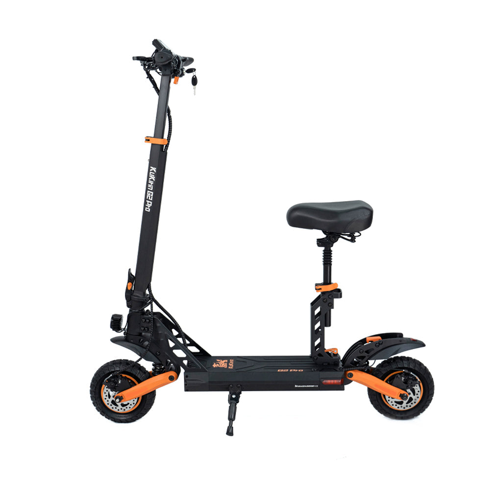 KuKirin G2 Pro electric scooter with seat, foldable off‑road e‑scooter, black and orange design, dual shock absorption, large pneumatic tires