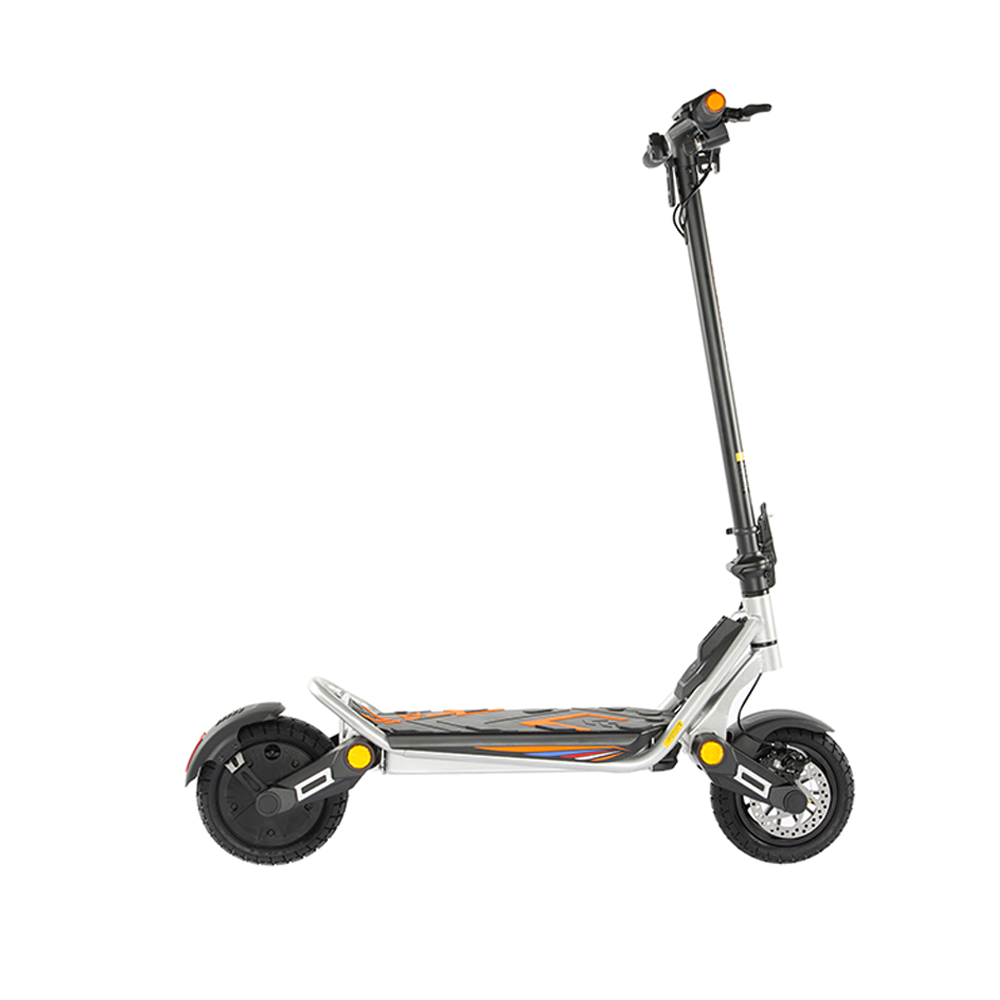 KuKirin A1 electric scooter, full side view of foldable e‑scooter with dual disc brakes and rugged tires on white background