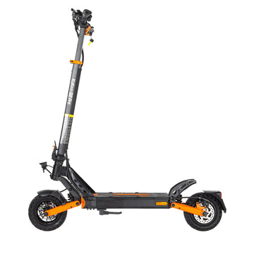 KuKirin G2 Pro ABE electric scooter, full side view, black‑orange off‑road e‑scooter with dual suspension and big tires on white background