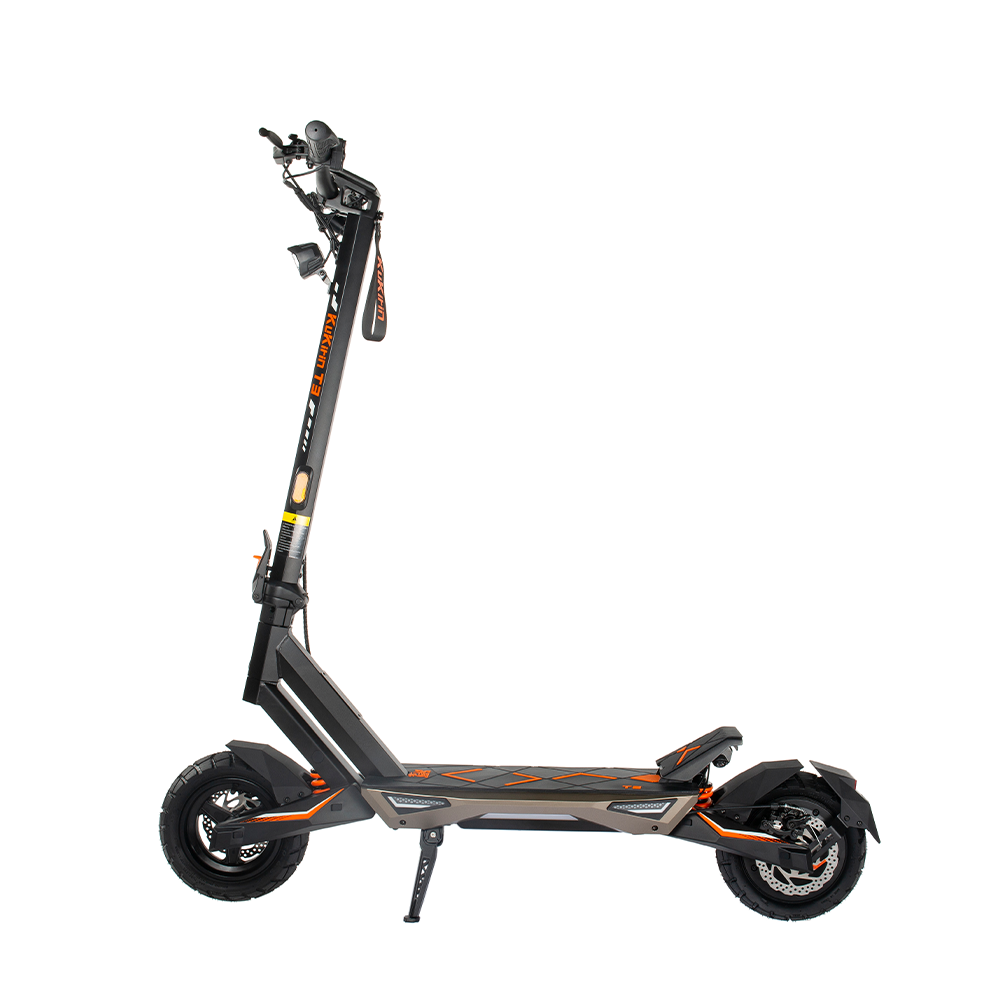 KuKirin T3 electric scooter full side view, foldable commuter e‑scooter with dual disc brakes and rugged off‑road tires on white background