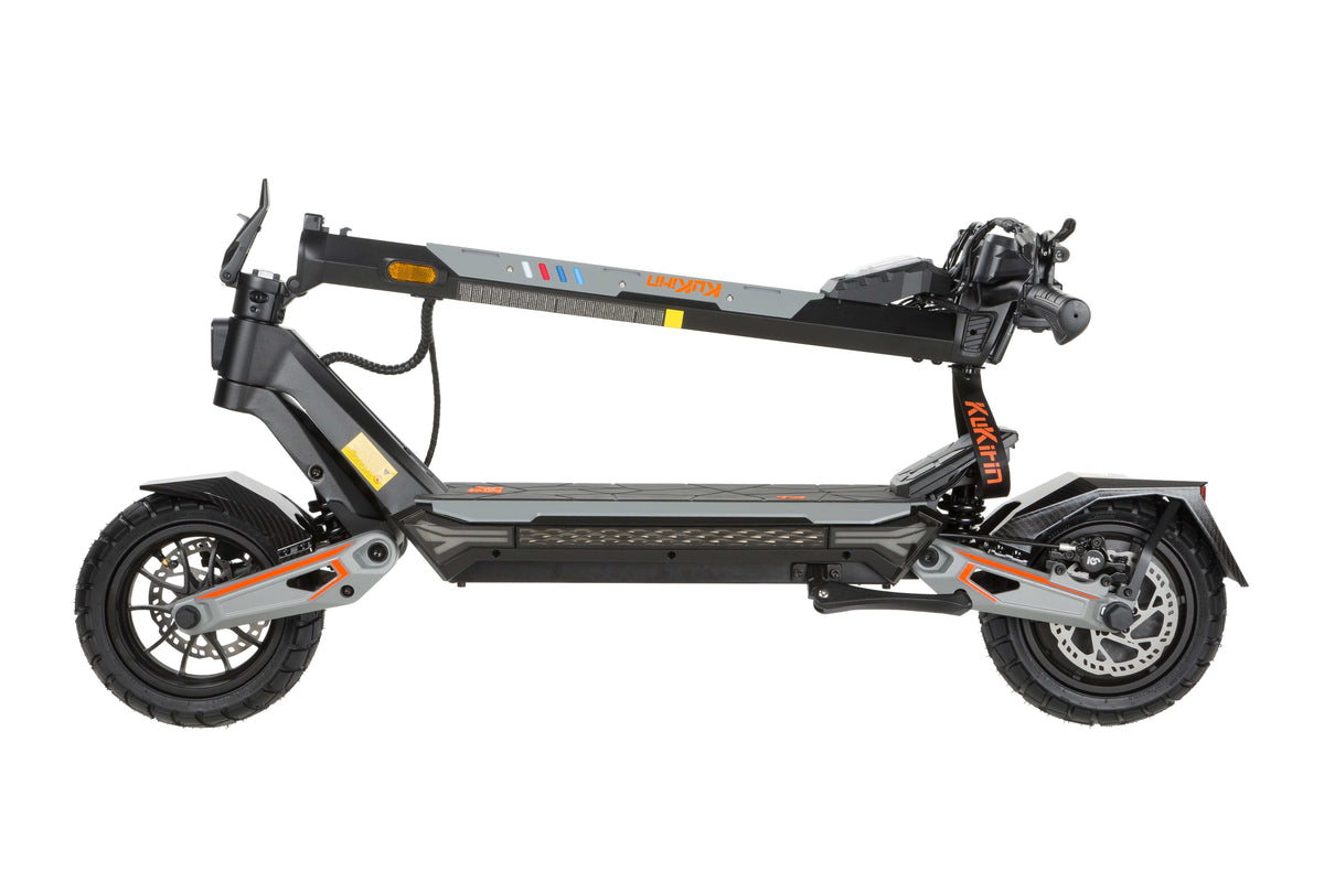 Folded KuKirin T4 electric scooter side profile, compact foldable design for storage, all terrain e-scooter