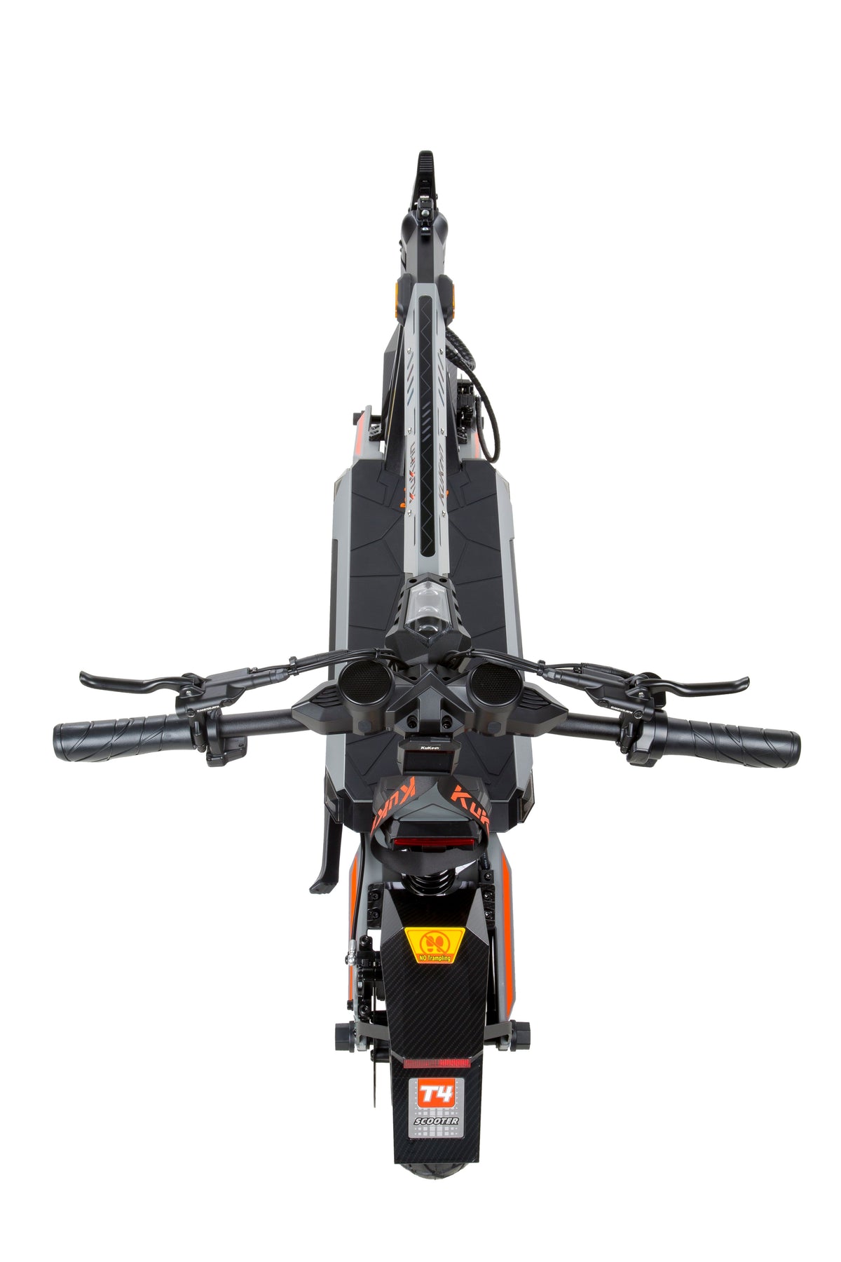 Top rear view of KuKirin T4 electric scooter, handlebar dashboard and rear tail light, off road scooter