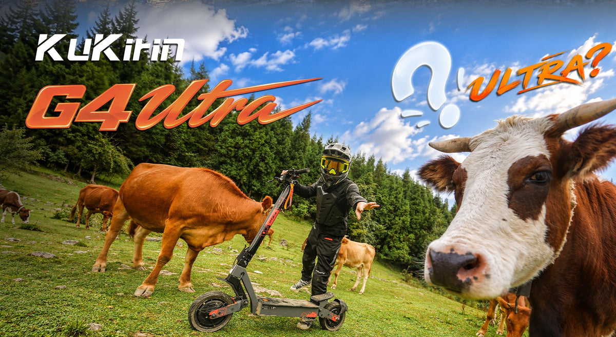 KuKirin G4 Ultra off road electric scooter on mountain grass pasture with cows, outdoor adventure hero image