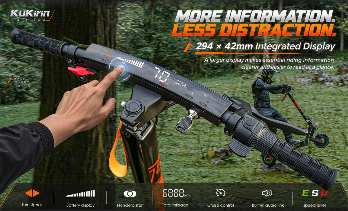 KuKirin G4 Ultra electric scooter 294×42mm integrated touch display showing speed, battery, cruise control and turn signal