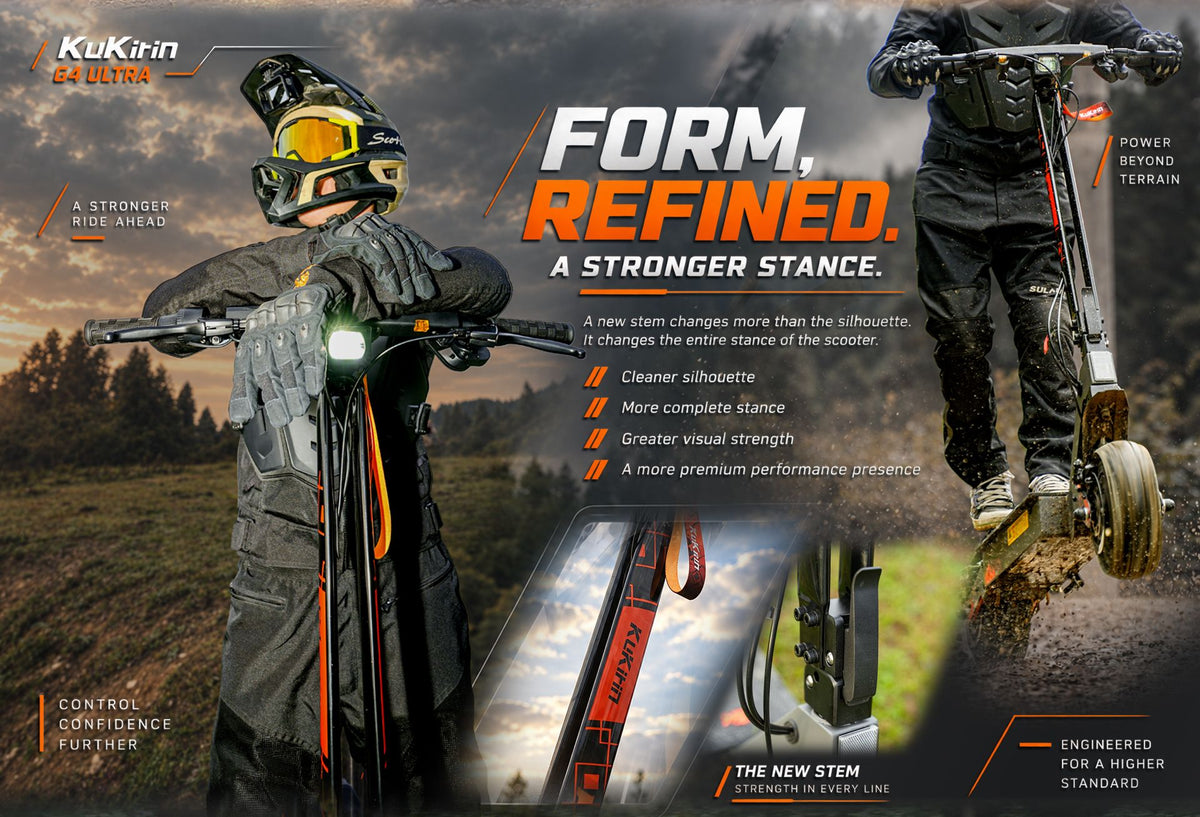 KuKirin G4 Ultra electric scooter banner showcasing refined new stem design for stronger riding stance