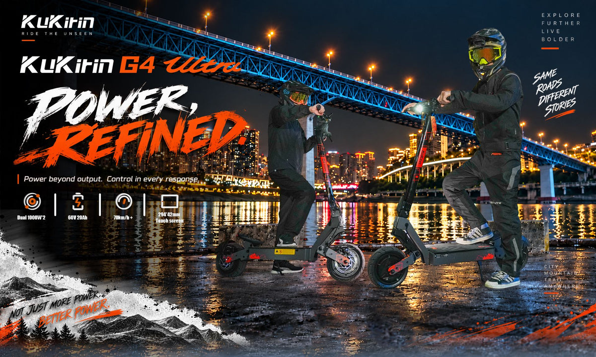 KuKirin G4 Ultra dual motor electric scooter riding at night by city bridge, power refined performance banner