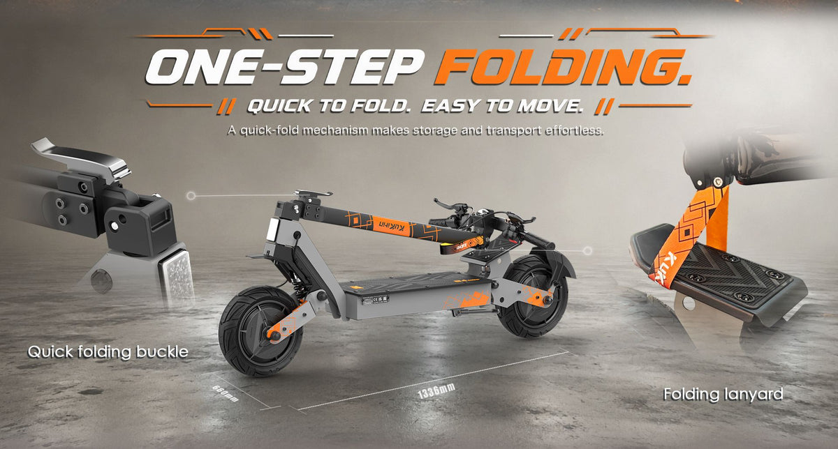 KuKirin G4 Ultra electric scooter one-step folding design, quick fold buckle and folding lanyard for easy storage and transport