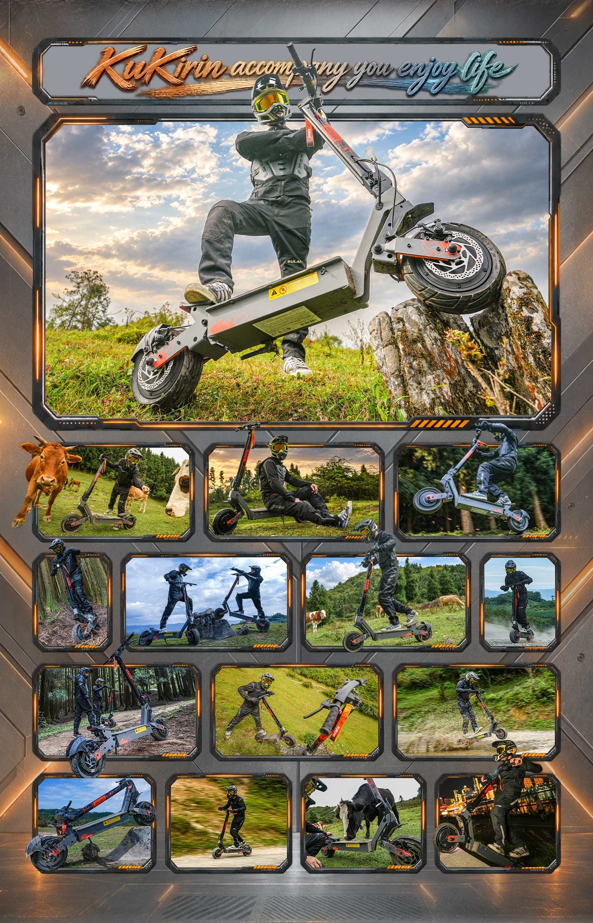 KuKirin G4 Ultra off-road electric scooter collage, rider exploring outdoor trails, hills and nature