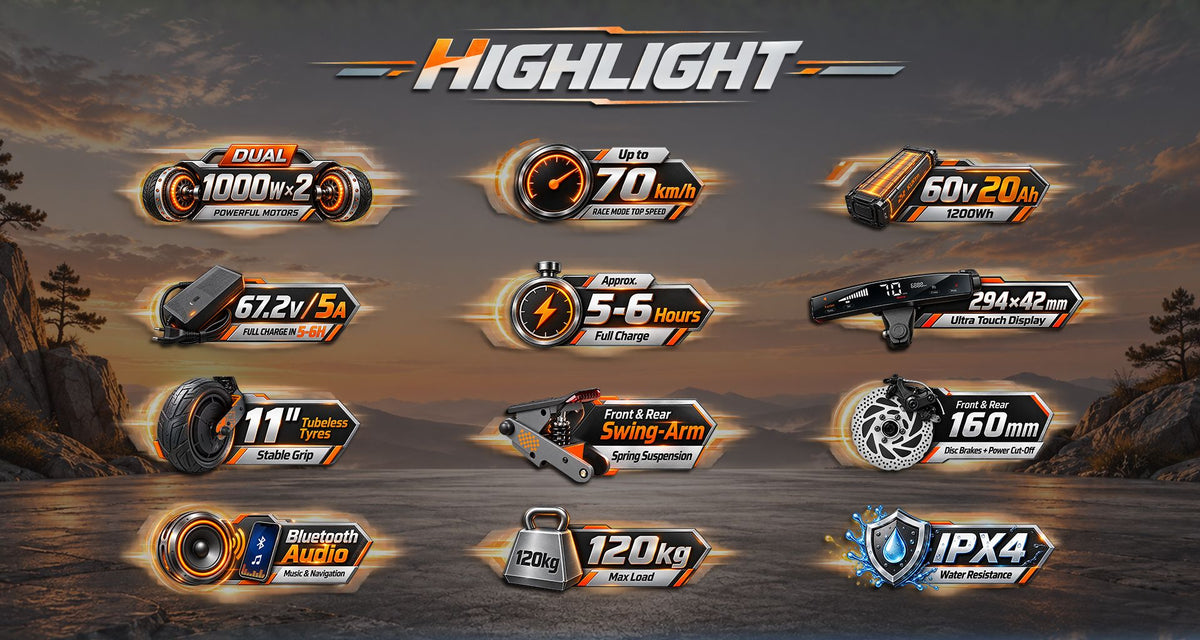 KuKirin G4 Ultra electric scooter specification highlights banner, top speed 70km/h, 11 inch tubeless tires, max load 120kg