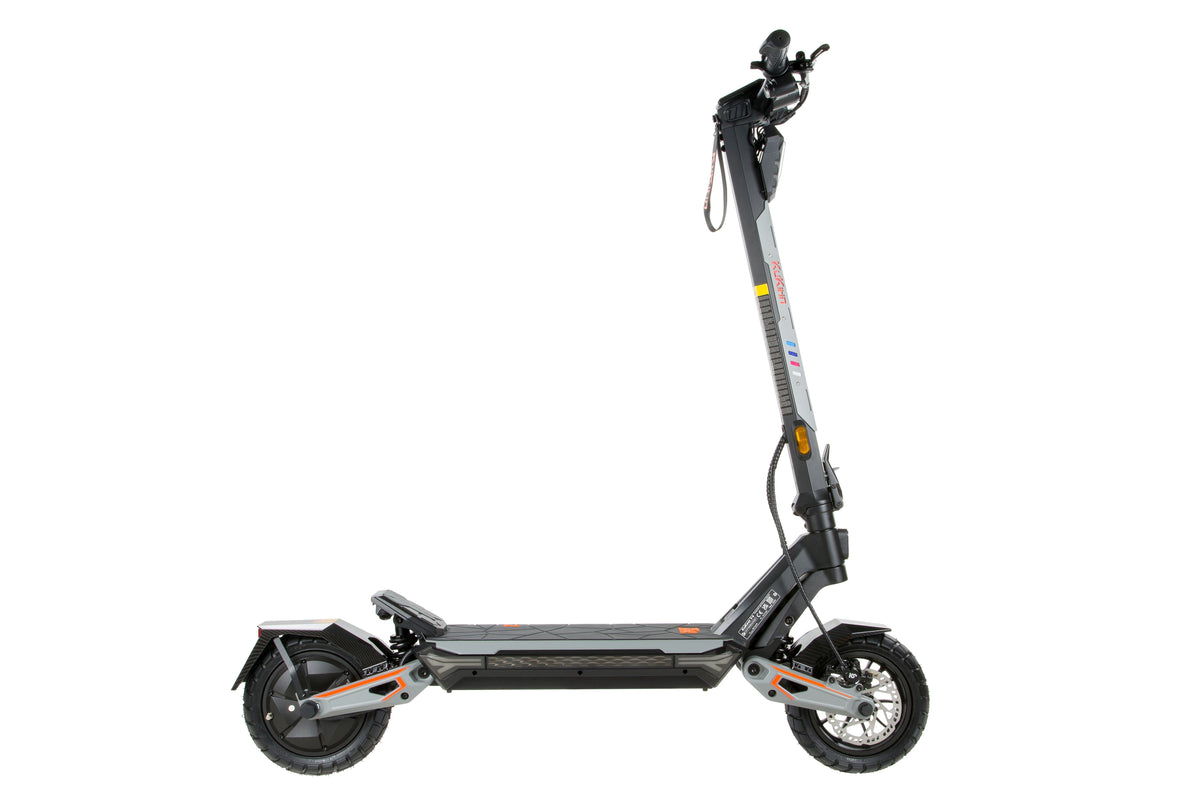 KuKirin T4 all-terrain electric scooter angled side shot, rugged frame, fat tire offroad e-scooter for adults