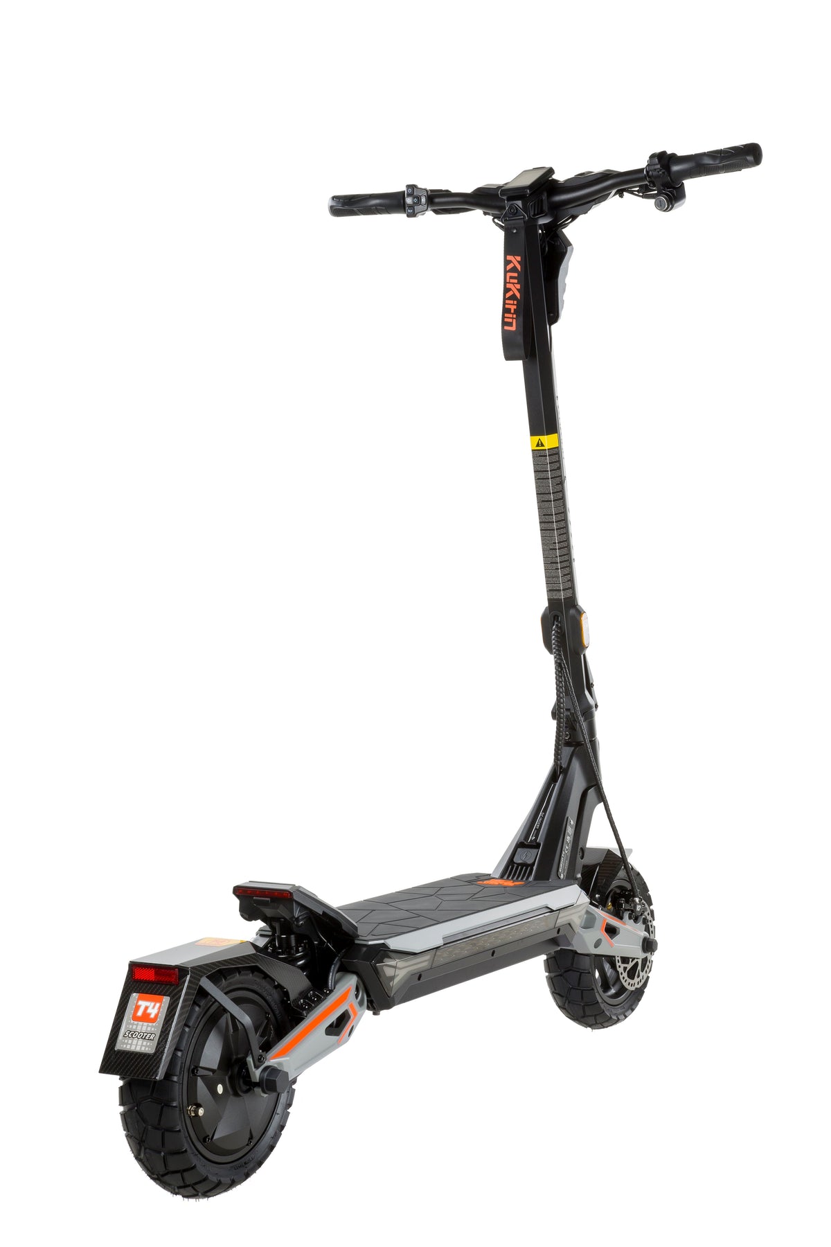 KuKirin T4 foldable electric scooter rear 3/4 view, dual suspension system, adult commuter e-scooter