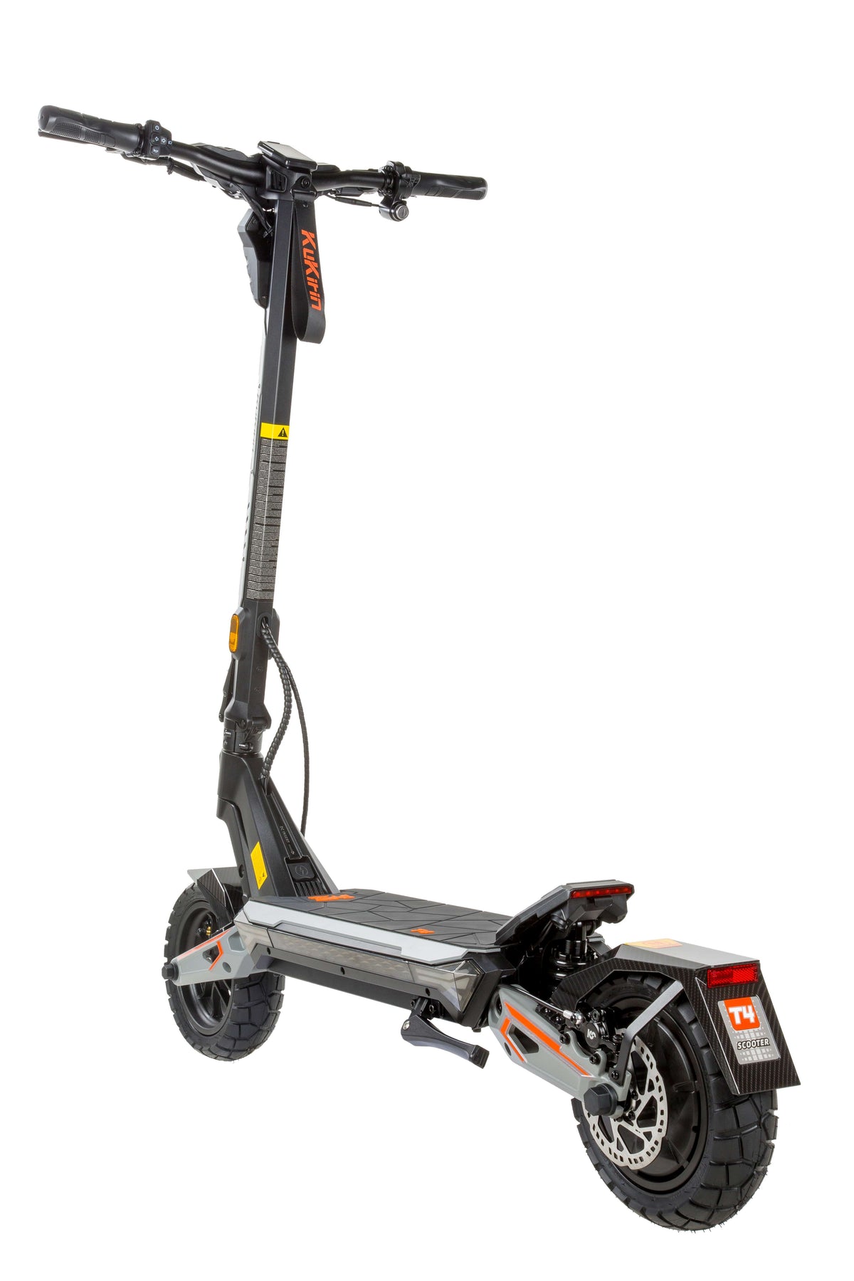 KuKirin T4 dual motor e-scooter angled rear view, sturdy frame, all terrain foldable electric scooter