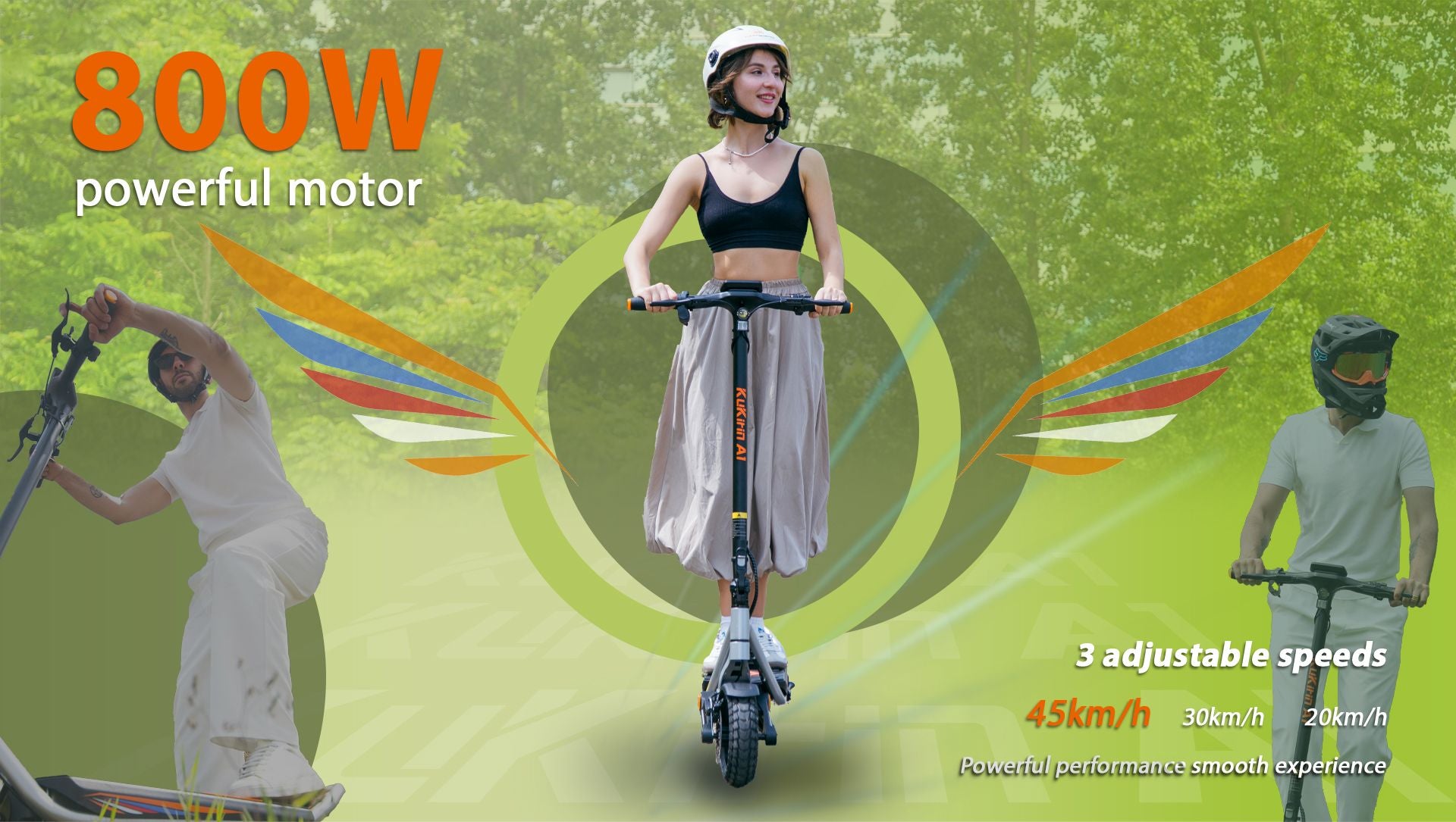 KuKirin A1 electric scooter collage with adult riders outdoor park scene