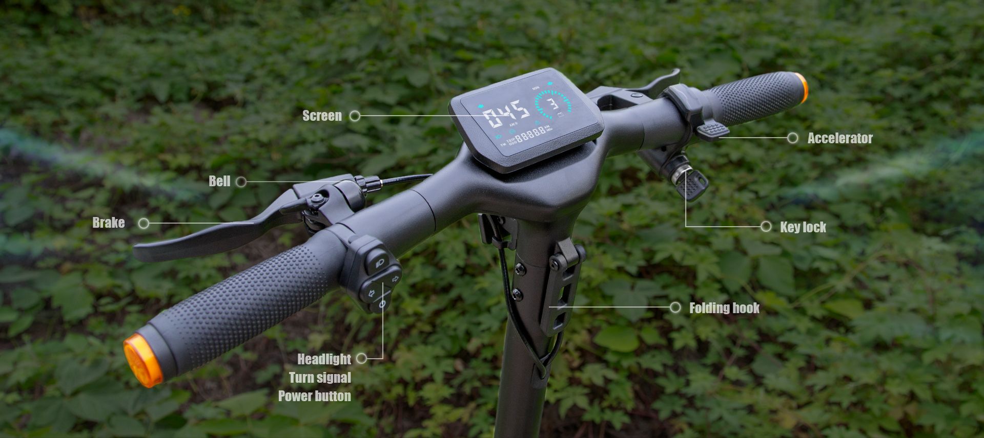 KuKirin A1 electric scooter close‑up view of handlebar controls and instrument screen