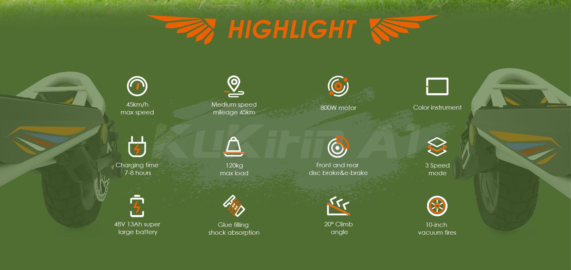 KuKirin A1 electric scooter key specifications highlight chart with performance icons