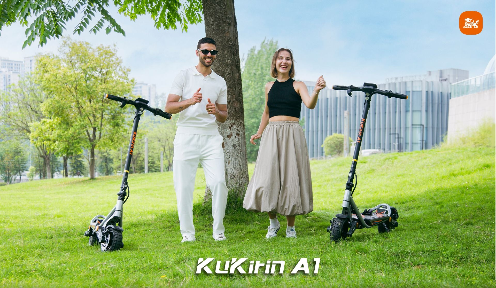 KuKirin A1 foldable electric scooters with people in city park