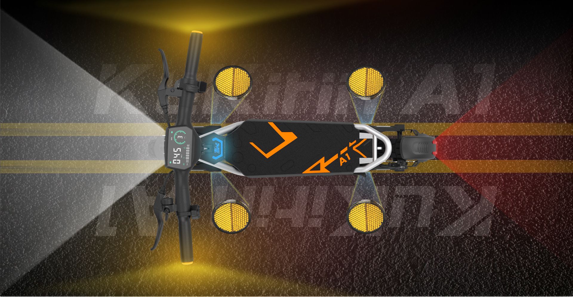 KuKirin A1 electric scooter top‑down overhead view with dashboard and reflective lights