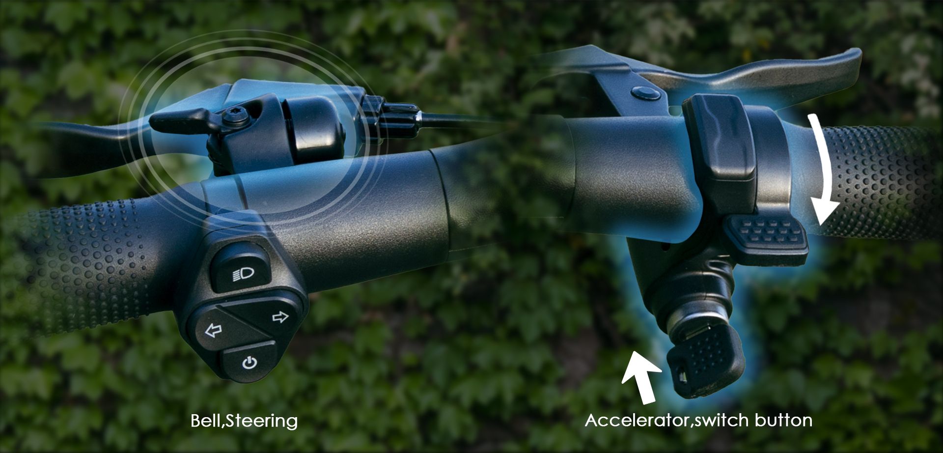 KuKirin A1 electric scooter close‑up of handlebar control buttons and throttle