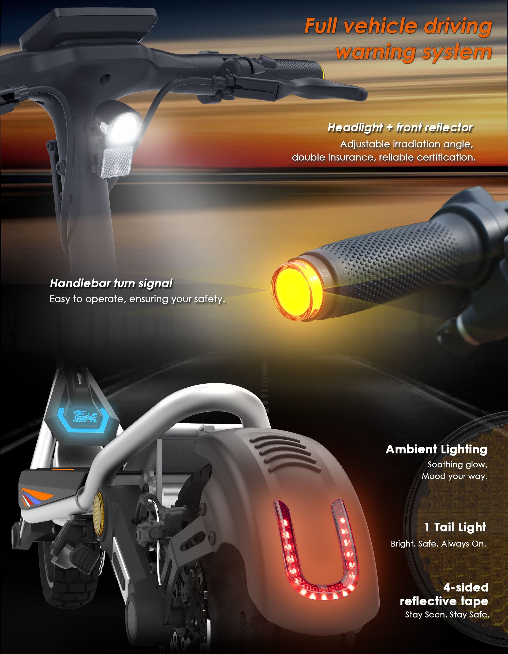 KuKirin A1 electric scooter full driving warning system, headlight, turn signal and rear taillight