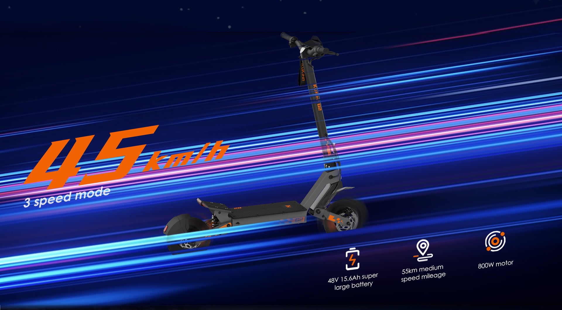 KuKirin G2 electric scooter max speed 45km/h, 800W motor, 48V 15.6Ah battery, 55km range, 3‑speed modes