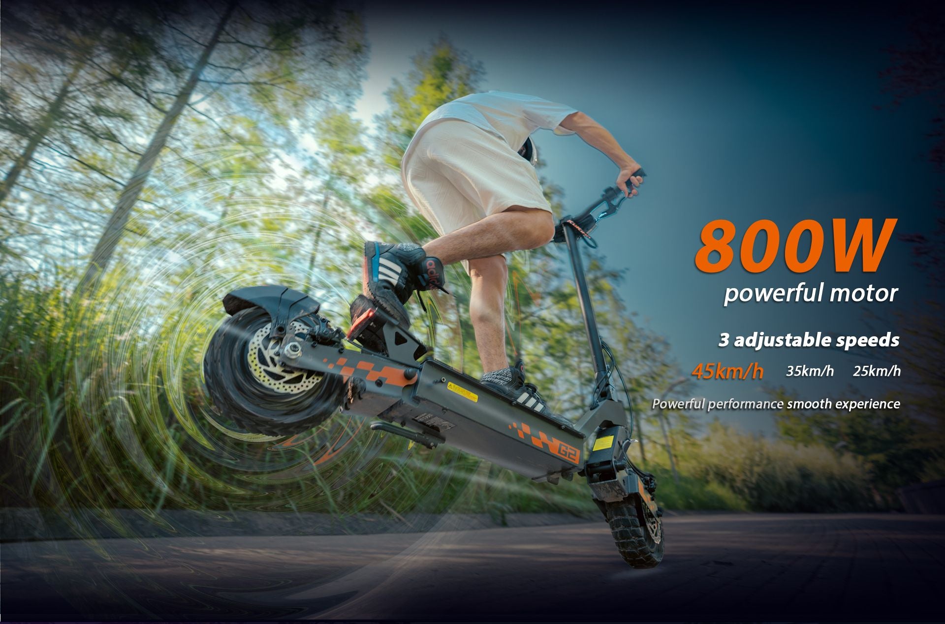 KuKirin G2 electric scooter off‑road riding, powerful 800W motor with 3 adjustable speed modes up to 45km/h