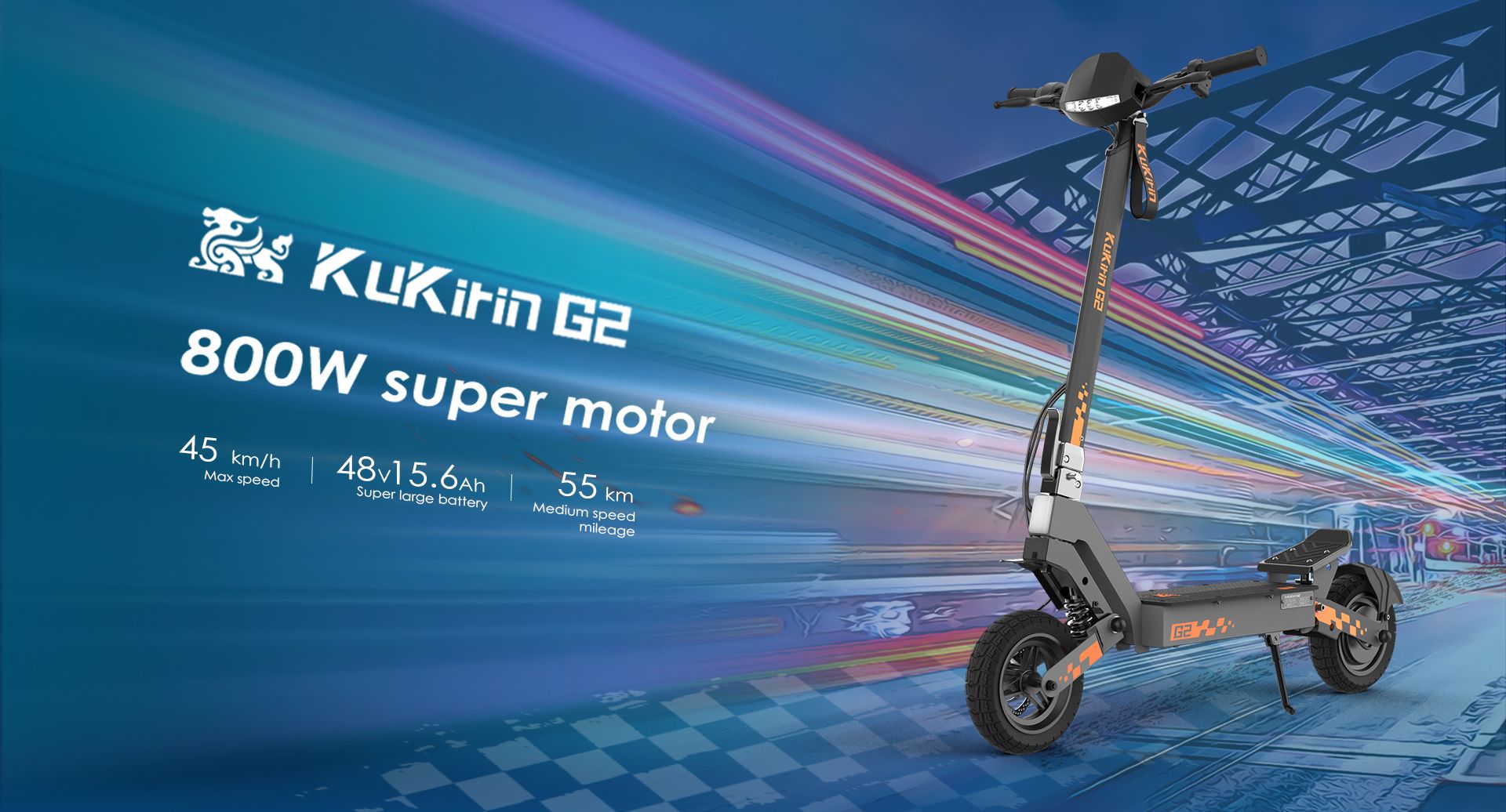 KuKirin G2 electric scooter with 800W motor, 48V 15.6Ah battery, max speed 45km/h and 55km range