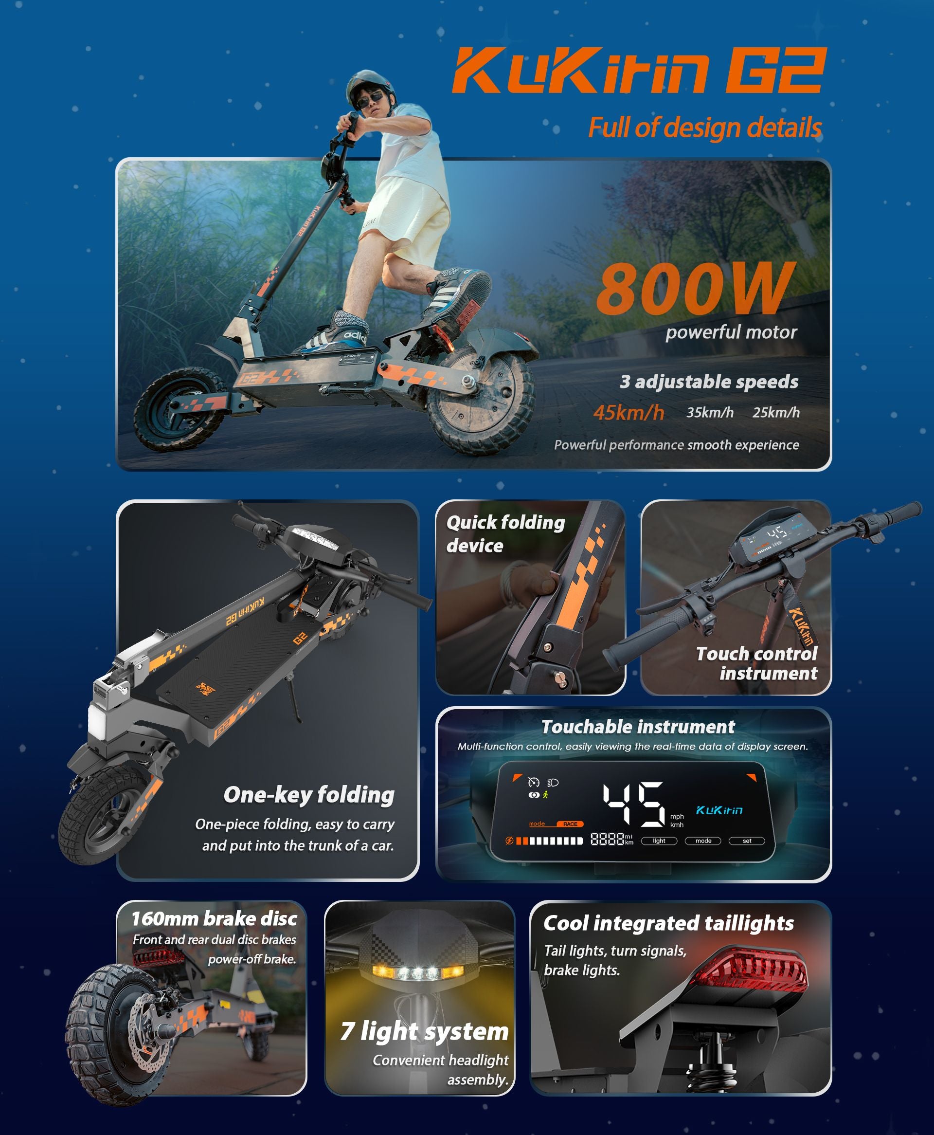 KuKirin G2 electric scooter design details collage, 800W motor, one‑key folding, touch screen display, dual disc brake and full lighting system