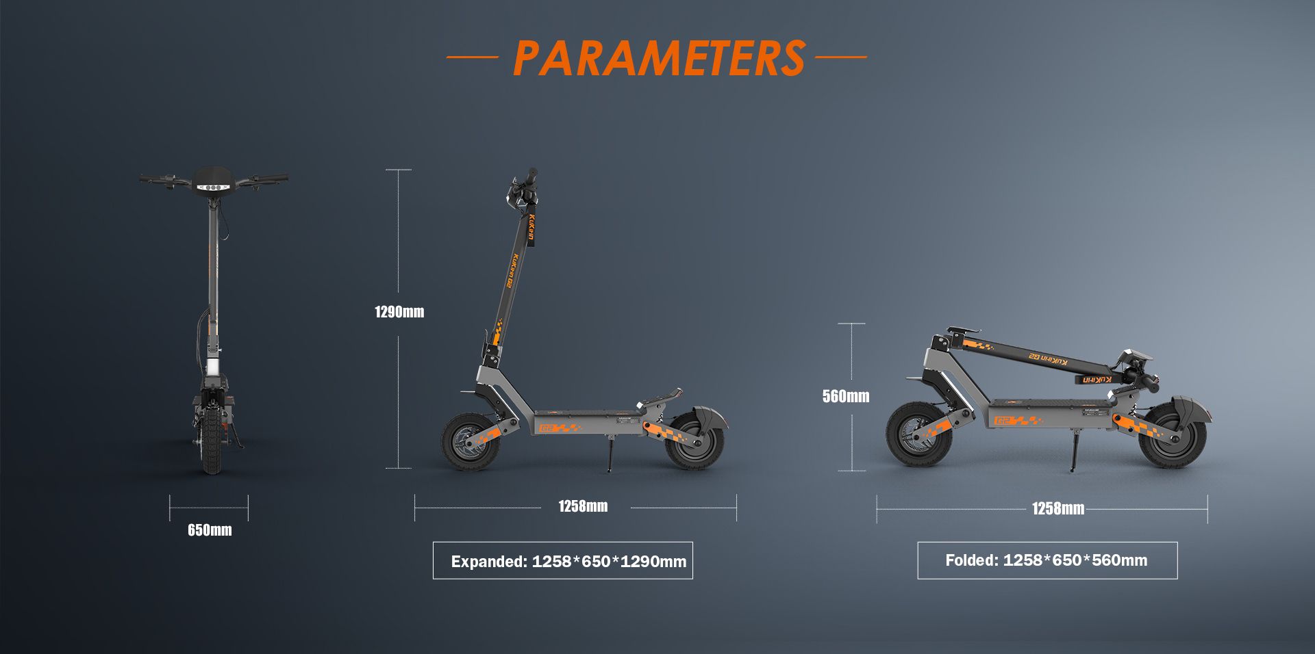 KuKirin G2 electric scooter dimension chart, expanded and folded overall size parameters diagram