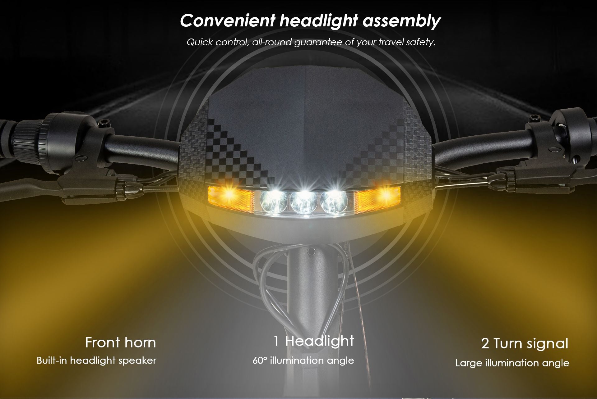 KuKirin G2 electric scooter front light assembly, LED headlight, turn signals and built‑in horn for night riding safety