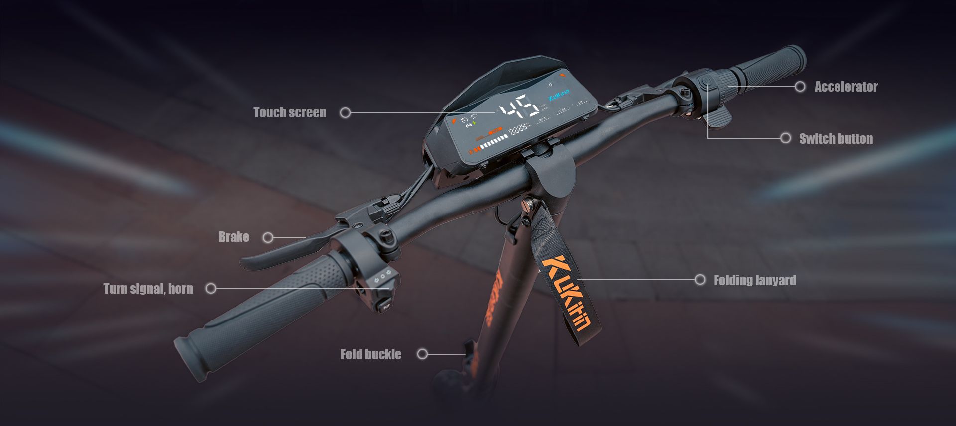 KuKirin G2 electric scooter handlebar close‑up, touch screen dashboard, brake lever, accelerator and control switches