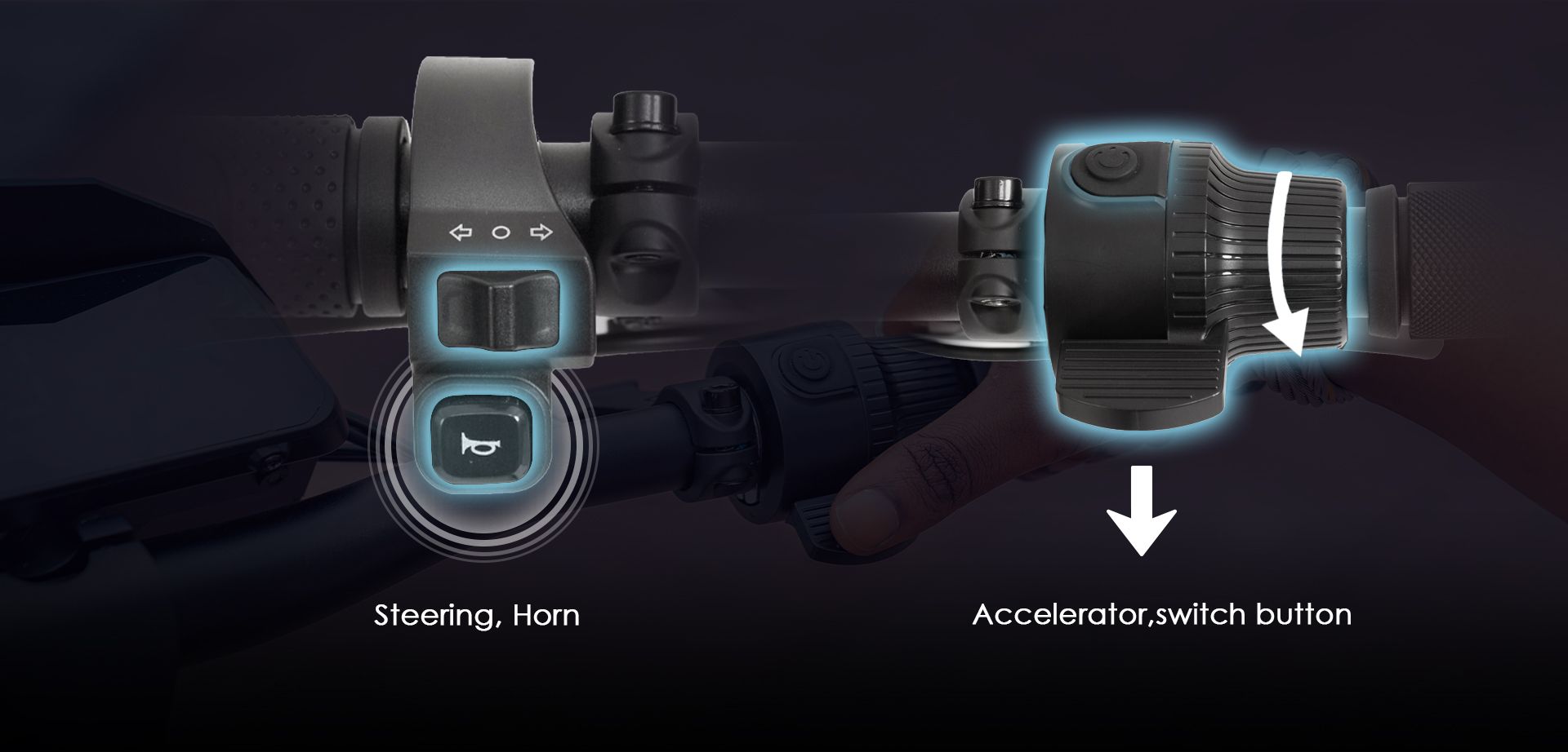 KuKirin G2 electric scooter handlebar controls, horn, turn signal switch and twist throttle accelerator