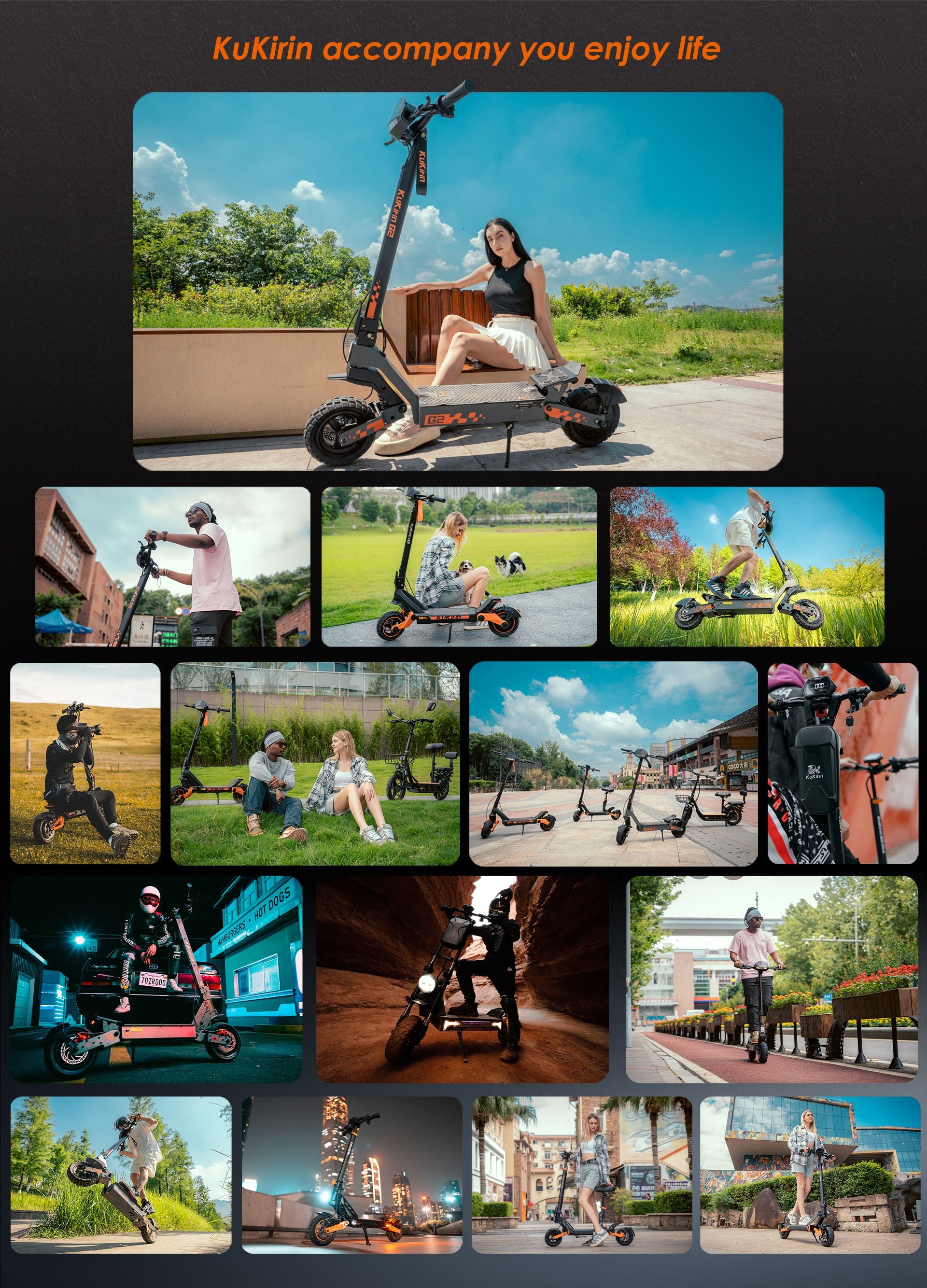 KuKirin G2 electric scooter real‑life multi‑scenario collage, outdoor commuting and off‑road riding lifestyle