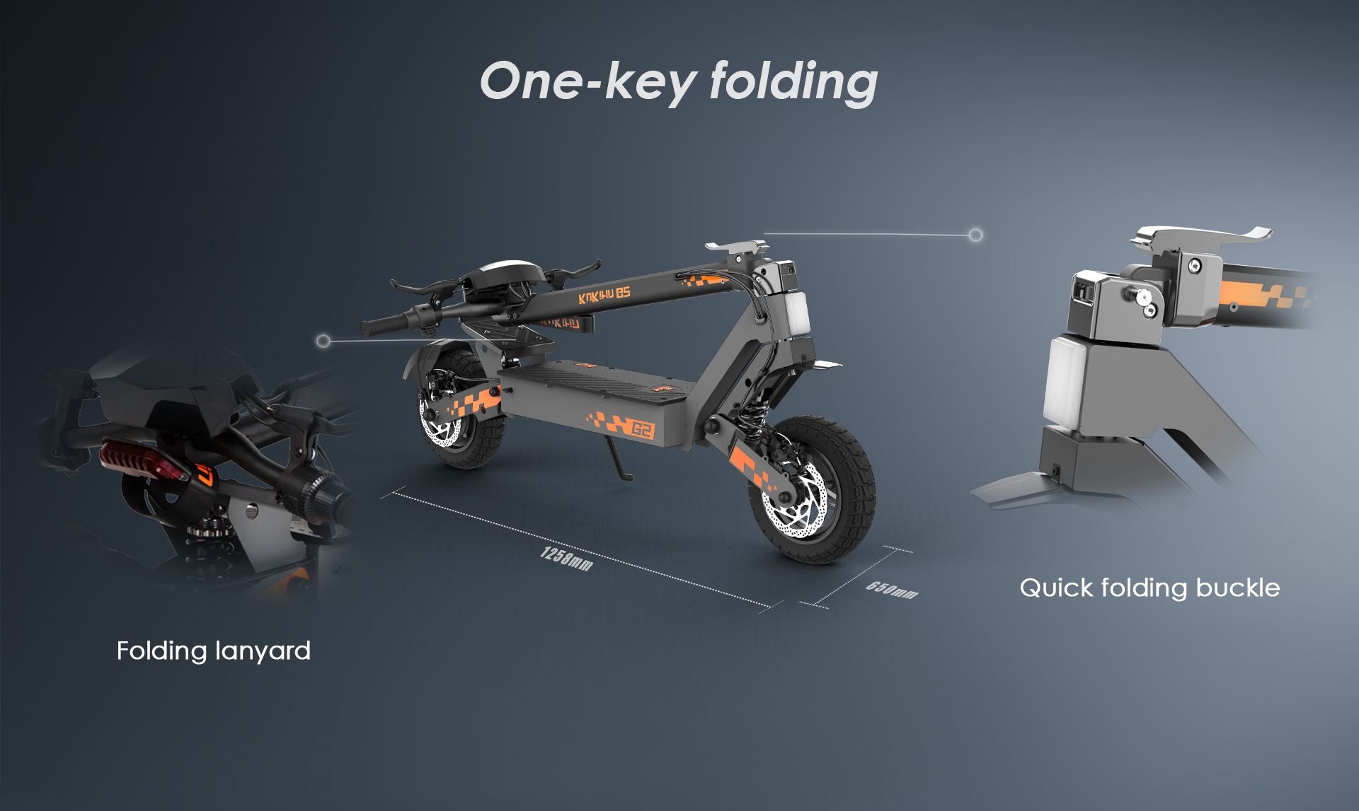KuKirin G2 electric scooter one‑key quick folding structure, folding buckle and folded size dimension