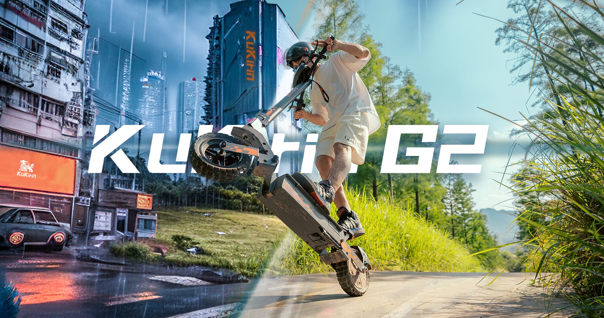 KuKirin G2 electric scooter outdoor riding scene, powerful foldable e‑scooter for urban and off‑road commuting