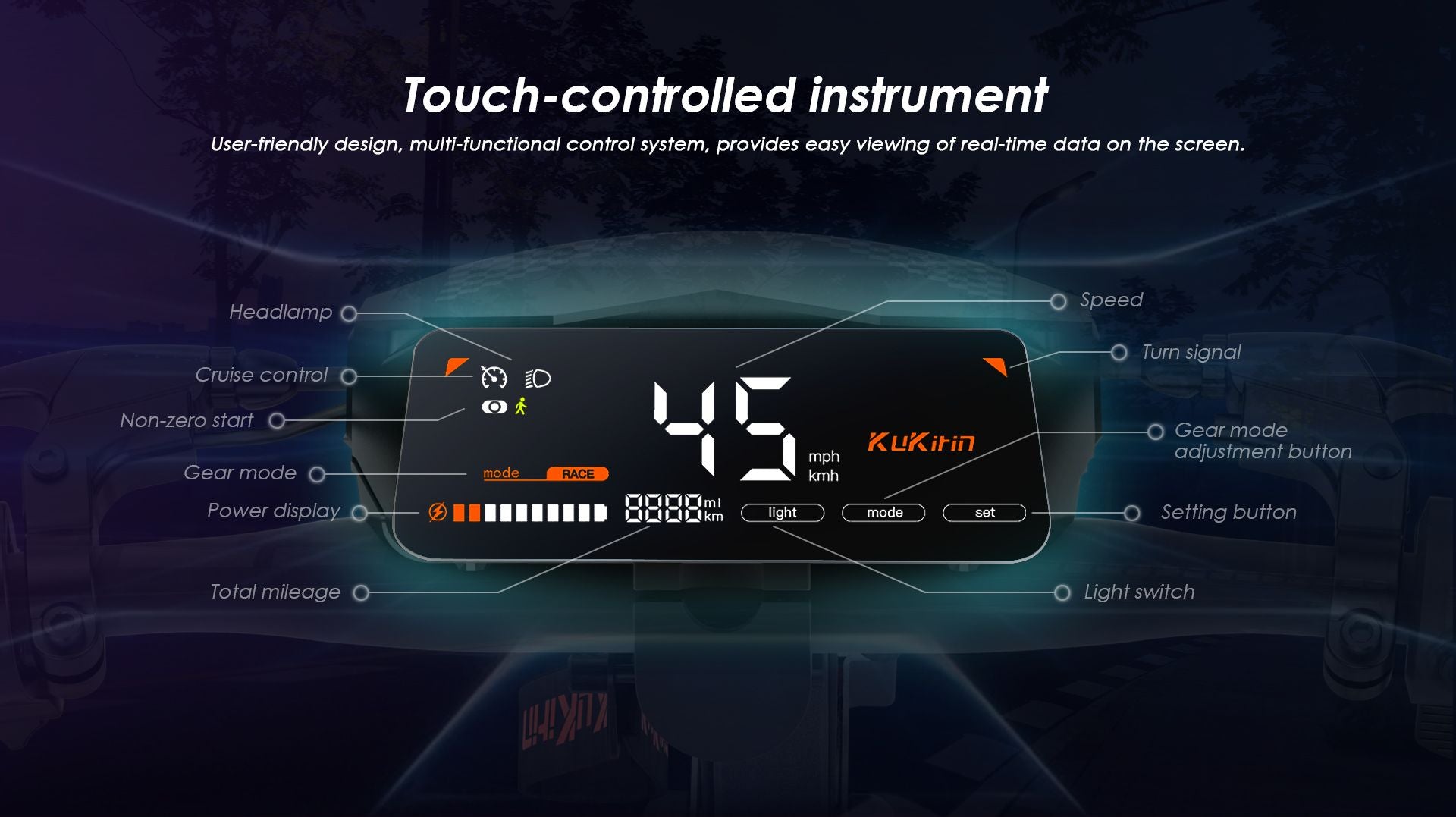 KuKirin G2 electric scooter touch‑controlled dashboard, multifunctional LCD display showing speed, mileage and battery status
