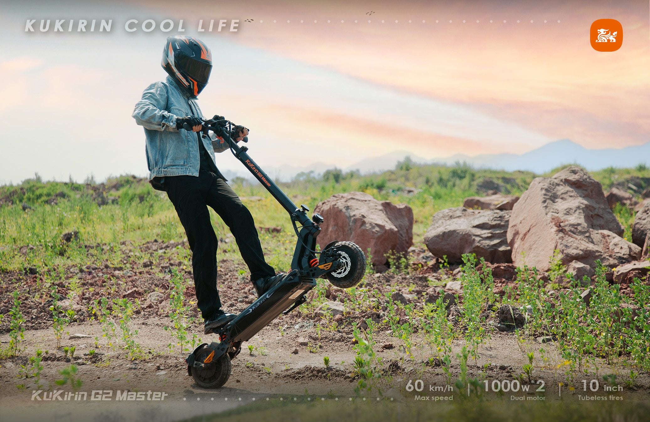 KuKirin G2 Master adult off‑road electric scooter riding on rocky dirt trail outdoors