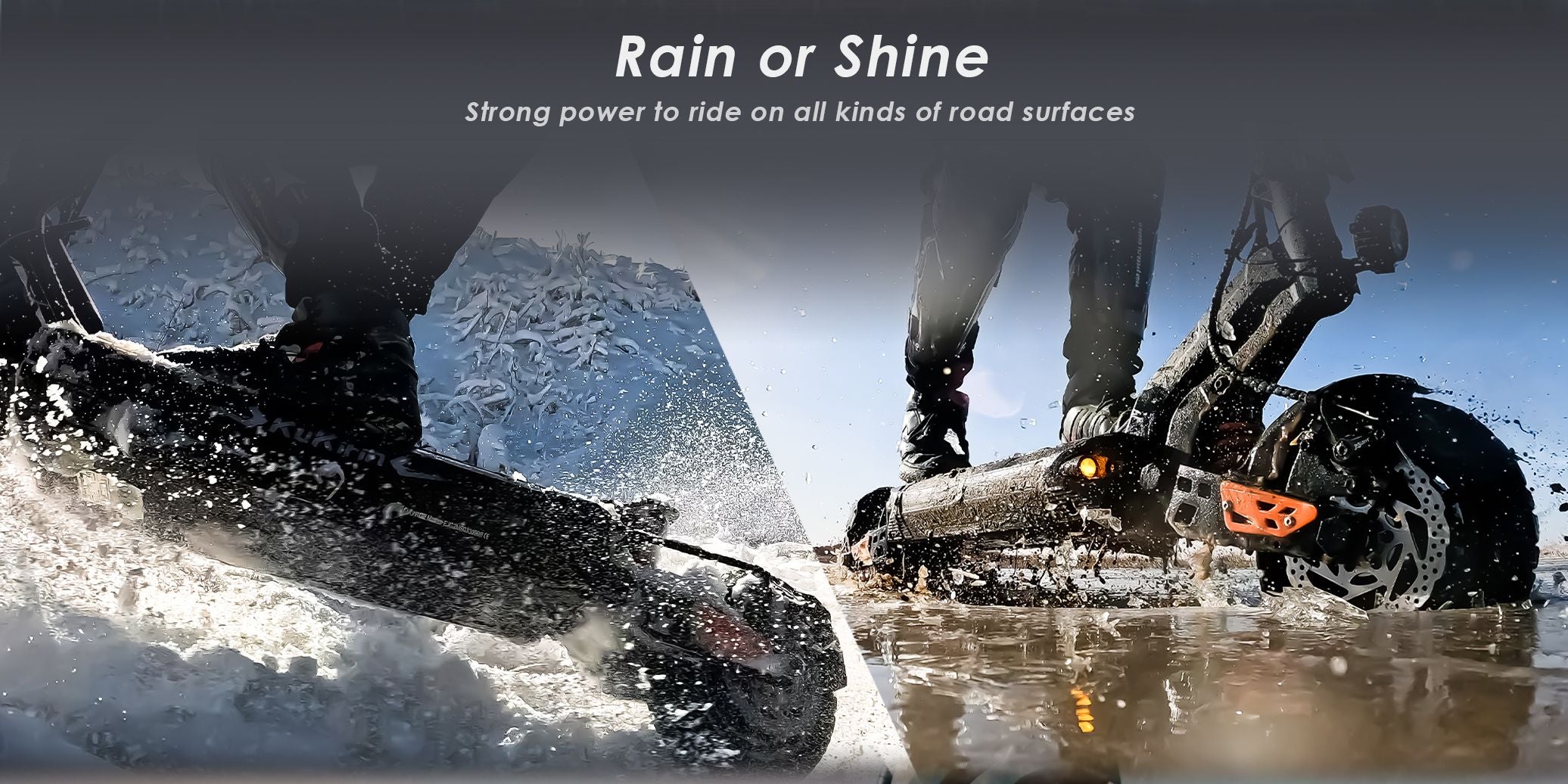 KuKirin G2 Master electric scooter riding through water,mud and snowy rough road conditions