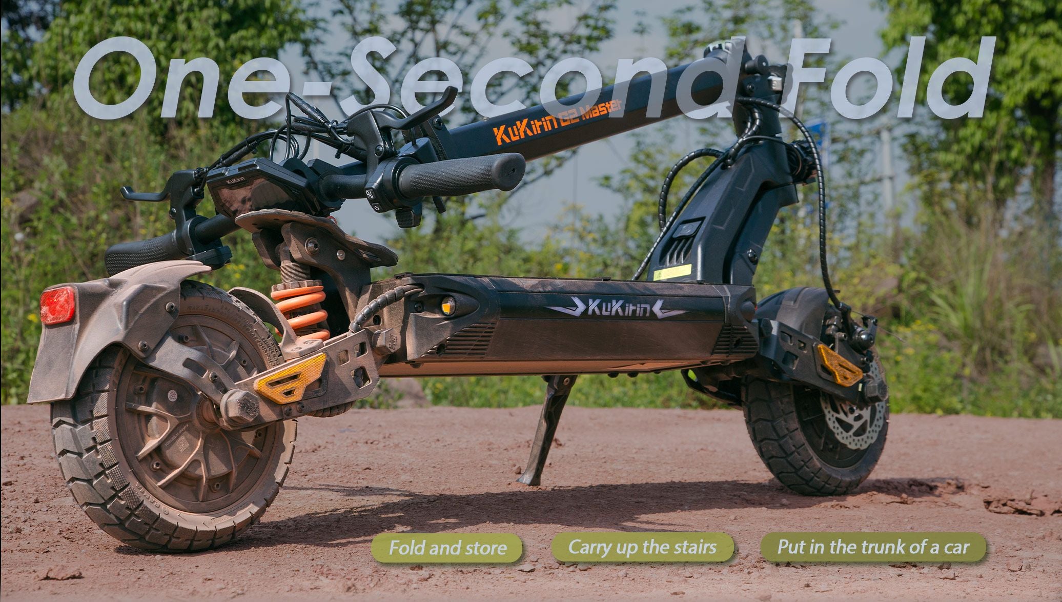 KuKirin G2 Master electric scooter in folded state, showing folding mechanism for storage and car trunk transport