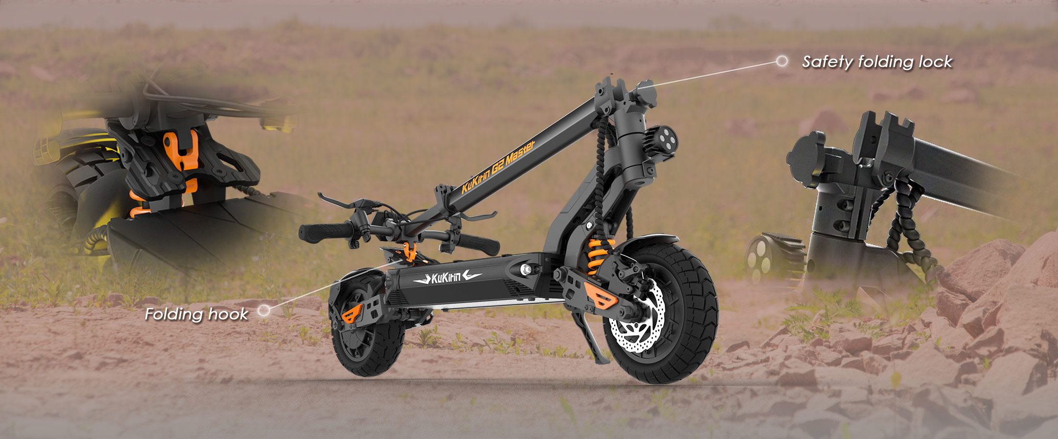 KuKirin G2 Master electric scooter showing folding hook and safety folding lock mechanical close‑up view