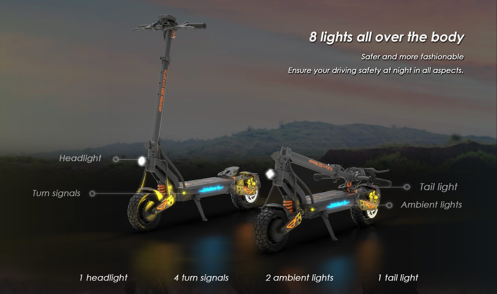 KuKirin G2 Master electric scooter showing full‑body lighting system with headlight, turn signals and ambient lights