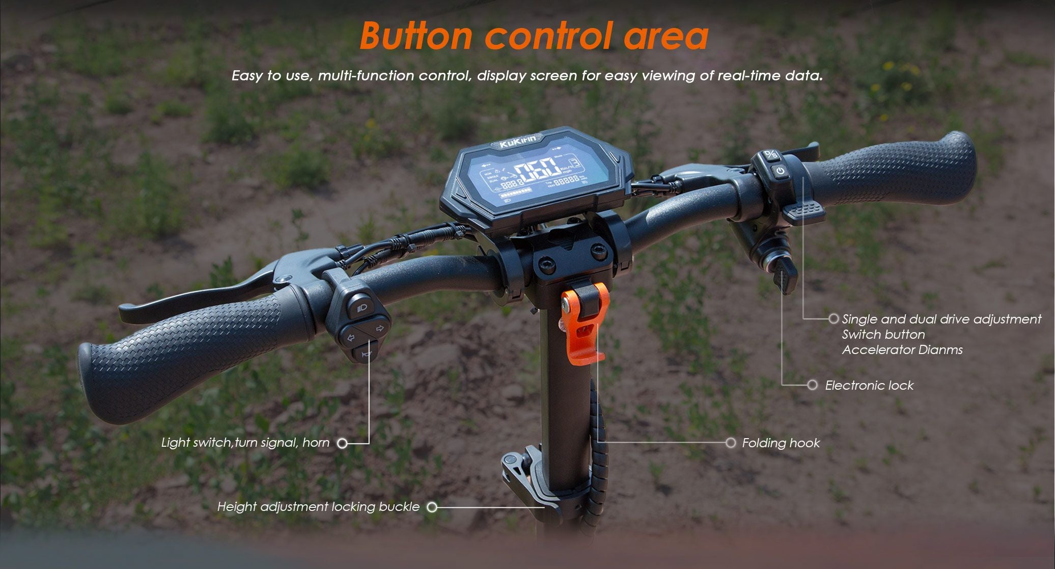 KuKirin G2 Master handlebar close‑up with LCD dashboard and multifunction control buttons