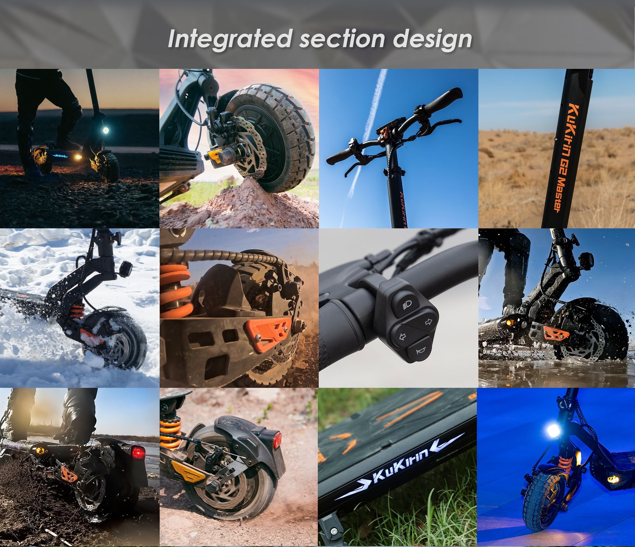 KuKirin G2 Master electric scooter collage showing tires, handlebar, suspension, control buttons, lights and frame details