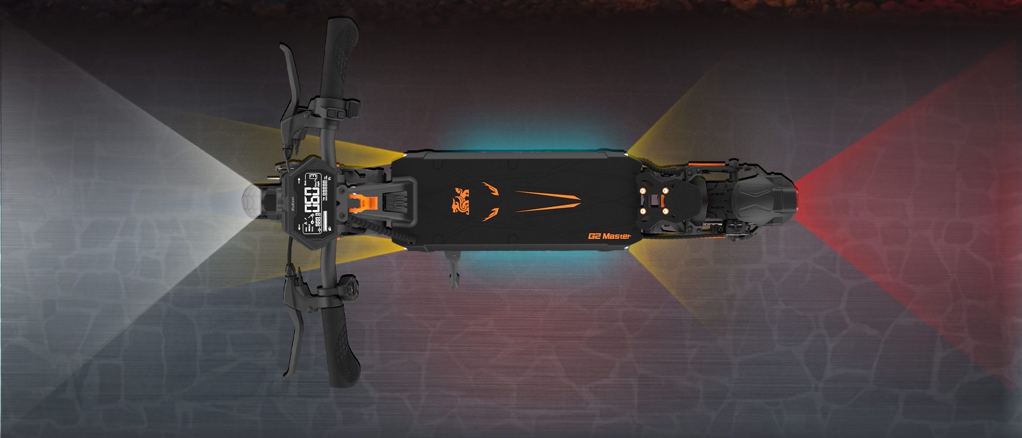 KuKirin G2 Master electric scooter top‑down overhead view showing full lighting beam coverage