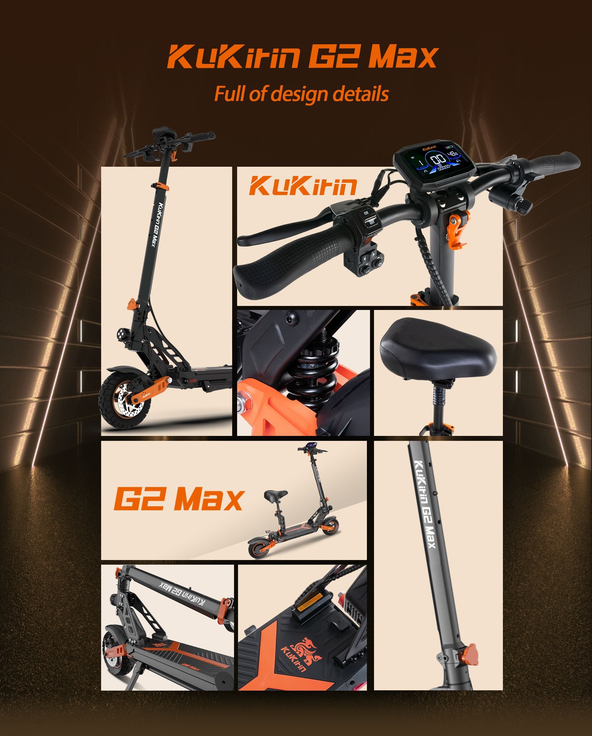 KuKirin G2 Max electric scooter design details collage, display dashboard, suspension, seat, deck