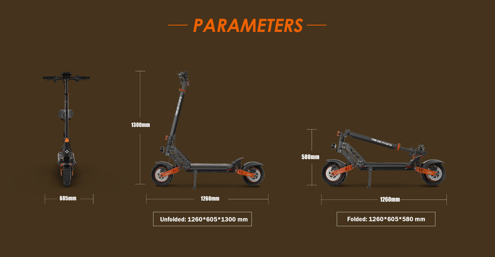 KuKirin G2 Max electric scooter unfolded and folded dimension size parameters chart