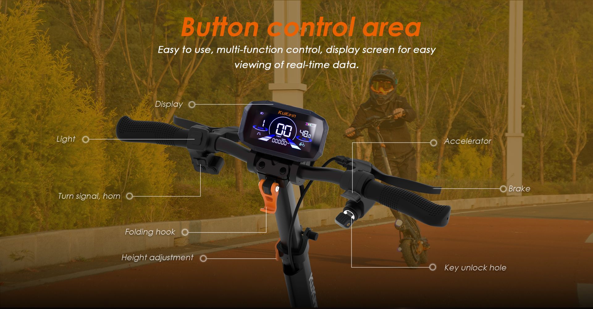 KuKirin G2 Max electric scooter handlebar control panel and LCD display close‑up