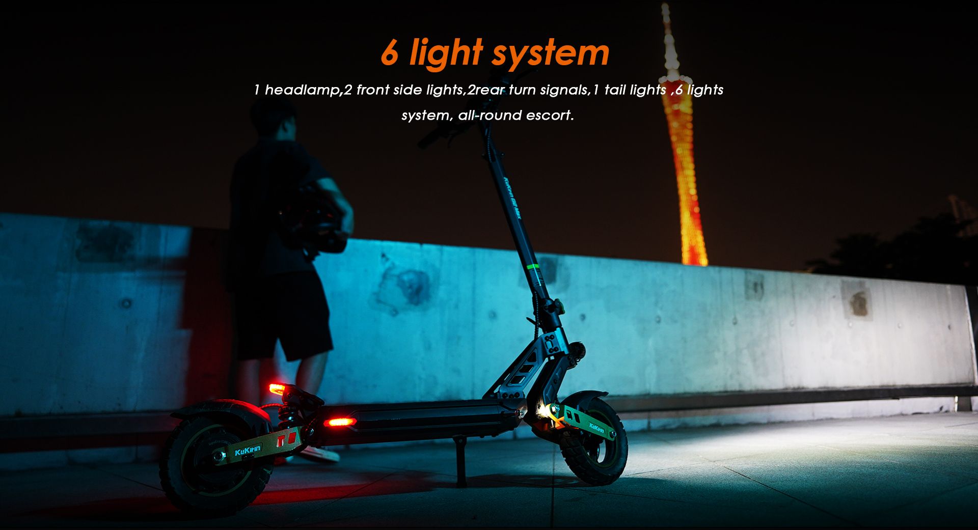 KuKirin G2 Max electric scooter night view showing full LED lighting system