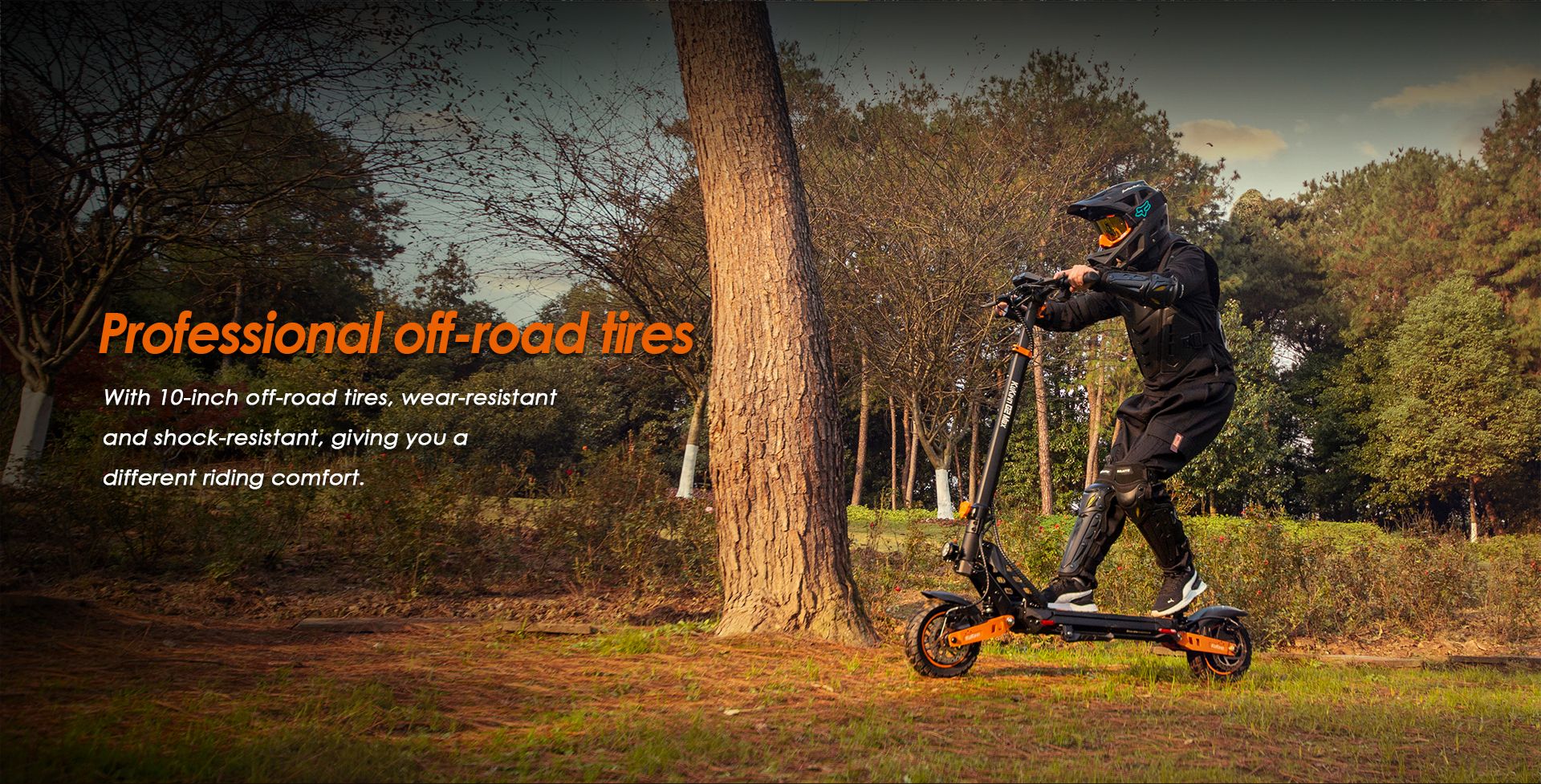 KuKirin G2 Max electric scooter riding on forest trail with off‑road tires