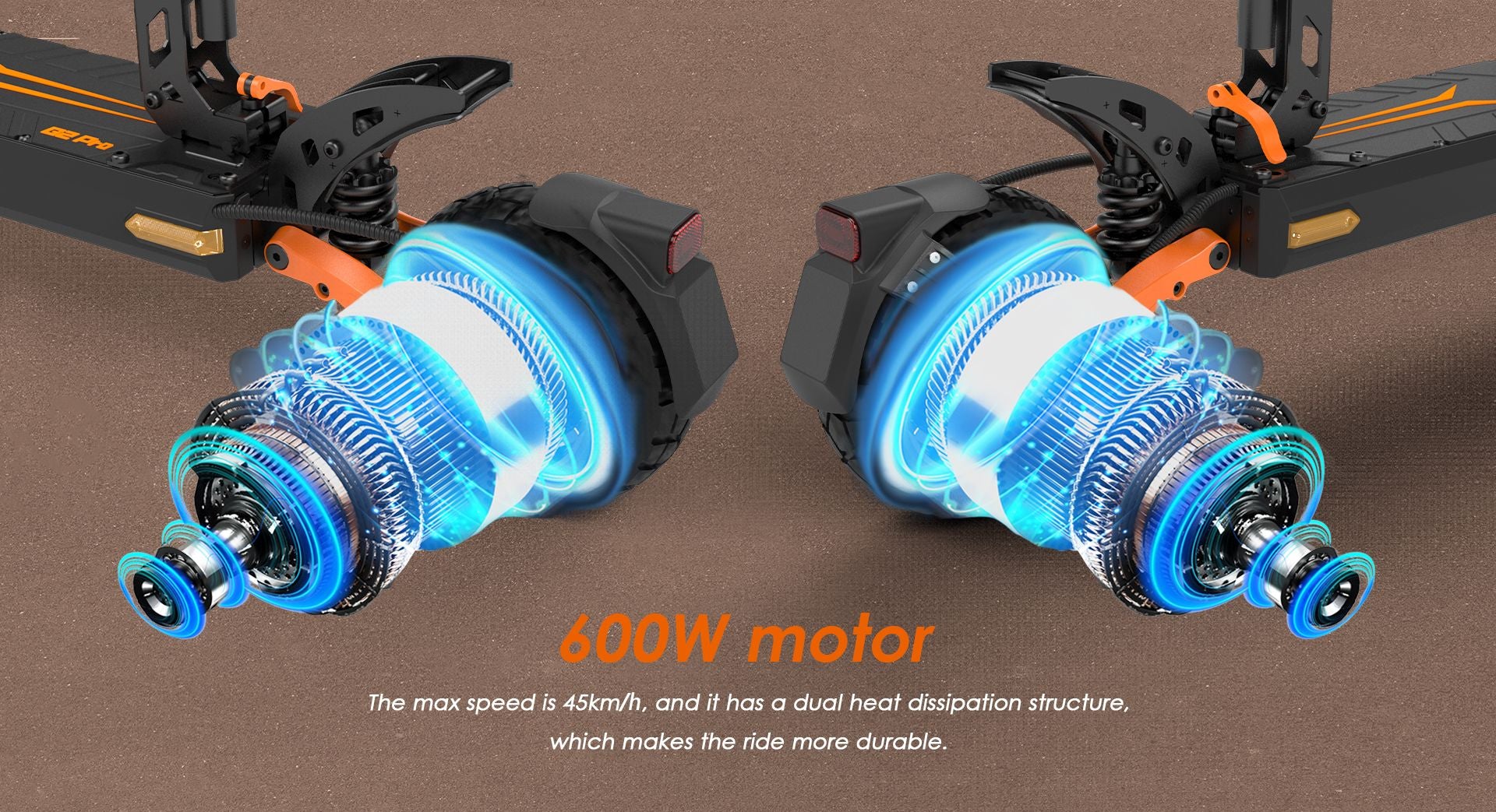 KuKirin G2 Pro 600W brushless motor cutaway illustration, 45km/h max speed with dual heat dissipation